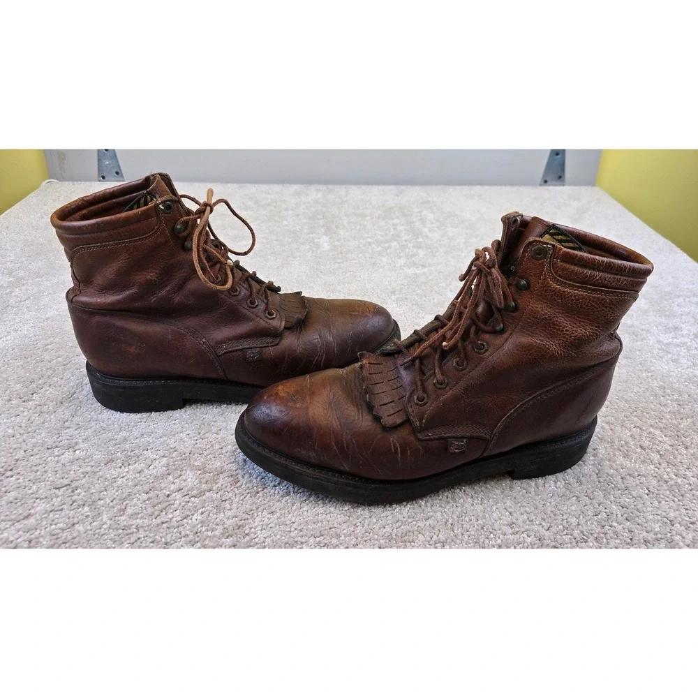 Justin Work Boots 0772 Mens Brown Leather Lace Up Kiltie Made in‎ USA sz 11EE